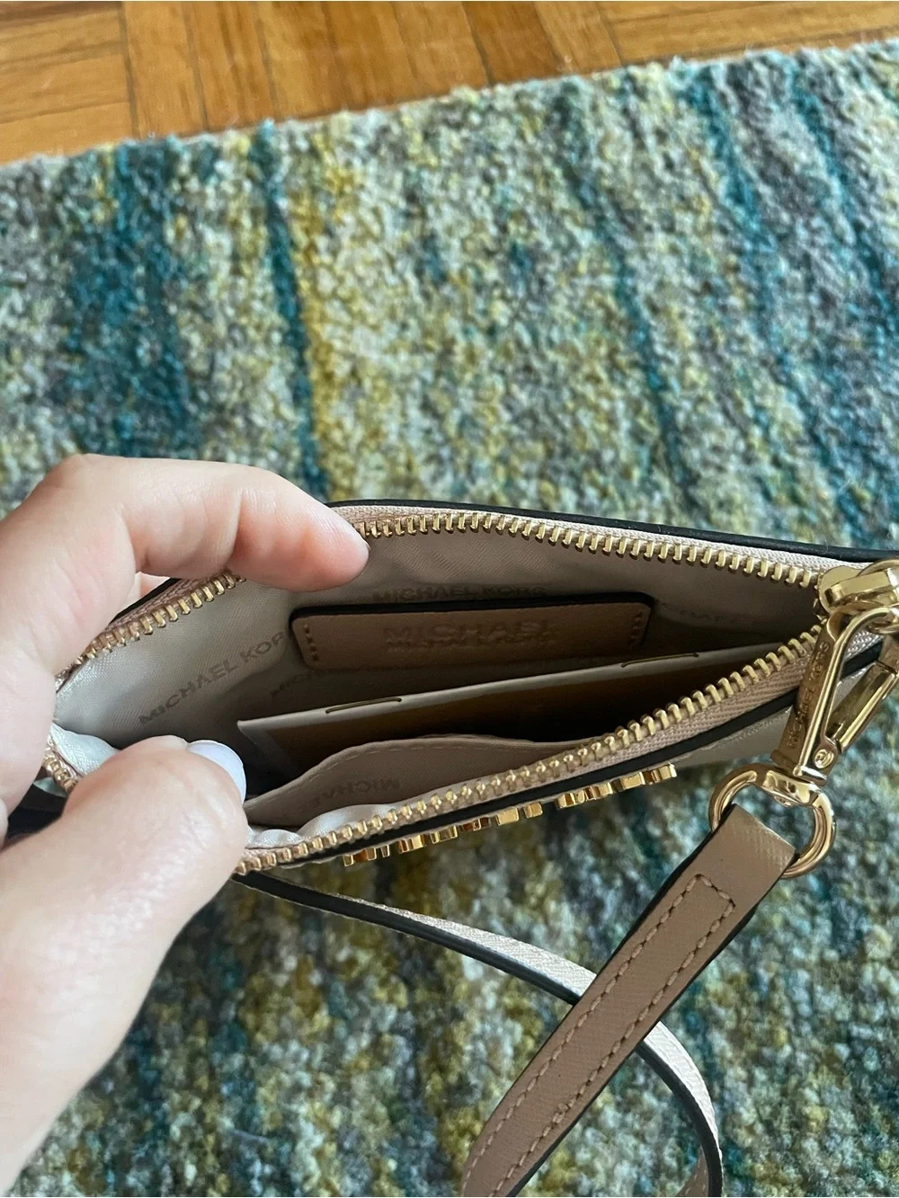 Michael Kors Nude/Tan Leather Wristlet with Gold Logo